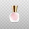 Little round perfume bottle with pink fragrance liquid and triangle shape golden cap