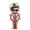 Little Sailor or Captain Concept. Cartoon Cute Baby Boy in Naval Officer, Admiral, Navy Ship Captain Hat near Wooden Ship Steering