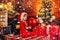 Little Santa Claus helper elf with a huge decorational ball for Christmas tree. Christmas attributes. Merry and bright