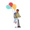 Little Schoolboy with Backpack and Balloons Riding Scooter. Cheerful African American Student Back to School
