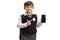 Little schoolboy holding a phone and pointing