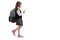 Little schoolgirl walking and using a phone