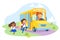 Little Schoolkids Character Holding Hands Wearing Rucksack and Uniform Climbing in Yellow Schoolbus with Woman Driver