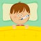 Little sick boy with thermometer in his mouth lying in bed