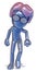 Little silver man with cartoon style glasses points down