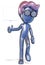 Little silver man with cartoon style hair and glasses walking with placard