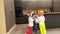 Little sister triplets in dog costumes playing and jumping in the kitchen of their house