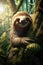 little sloth clingsinging to a tree in the rainforest