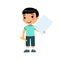 Little smiling boy holding empty paper sheet flat vector illustration.