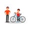 Little smiling boy standing next to his new bicycle. Father looking on his happy son. Outdoor activity. Flat vector