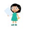 Little smiling girl holding empty paper sheet flat vector illustration.