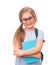 Little smiling preschooler girl student in eyeglasses holding bookisolated on white background