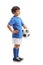 Little soccer player with a football waiting in line