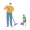 Little son helping father to clean and sweep floor at home