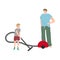 Little son helping father to vacuum floor and carpets at home