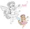 Little spring fairy girl with magic wand color and outlined picture for coloring book