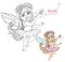 Little spring fairy girl with magic wand color and outlined picture for coloring book on white