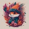 A little squirrel wears a ninja suit. is surrounded by fire and flowers and leaves. Generative AI