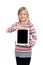 Little standing girl with tablet on white background