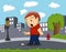 Little standing on the street with city boy surprised to see the ice cream fall background cartoon