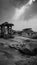 Little stone temple with dramatic mystic sky in hampi india karnakata