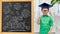 little student boy in bachelor hat and eyeglasses