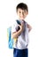 Little student boy in uniform on white background