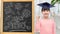 little student girl in bachelor hat or mortarboard