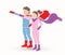 Little Super Hero Boy and Girl standing together with costume cartoon graphic