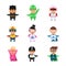 Little superheroes. Hero comic cartoon 2d figures of kids in colored mask game toy sprite vector characters isolated