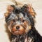 Little sweet Yorkie looks into a camera`s lens