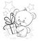 Little teddy bear holds in its paws a big box with a ribbon to give it to someone, anything, outline drawing,