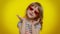 Little teen kid child girl in stylish sunglasses listening music, dancing disco, fooling, having fun