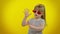 Little teen kid child girl in sunglasses listening music dancing disco, fooling around, having fun