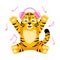 Little Tiger listening music with headphone isolated. Character cartoon striped tiger dancing