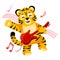 Little Tiger playing on electric guitar isolated. Cute character cartoon striped tiger musican