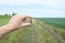 Little tiny children in field measured by hand