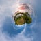 Little tiny planet. Spherical aerial 360 view panorama on the shore of small lake in sunny summer evening with awesome clouds