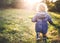 A little toddler boy walking outdoors on a meadow at sunset. Rear view.