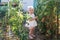 Little toddler girl collects crop of cucumbers on greenhouse in summer. Yellowed withered leaves of cucumbers. last crop of fresh