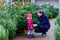 Little toddler girl and father holding Christmas tree on a market. Happy family, cute baby child daughter and middle