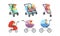 Little Toddlers Sitting in Baby Carriage or Pram Vector Set