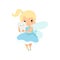 Little Tooth Fairy Holding Cute Baby Tooth, Lovely Blonde Fairy Girl Cartoon Character in Light Blue Dress with Wings