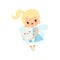 Little Tooth Fairy Holding Cute Baby Tooth, Lovely Blonde Fairy Girl Cartoon Character in Light Blue Dress with Wings