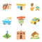 Little town icons set, cartoon style