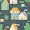 Little Town Kids Seamless Pattern with Cartoon Houses and Cars. Vector Illustration. Cute Village Background for Kids Fabric,