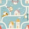 Little Town Kids Seamless Pattern with Cartoon Houses, Roads and Cars. Vector Illustration. Cute City Map Background for Kids