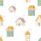 Little Town Kids Seamless Pattern with Cartoon Houses. Vector Illustration. Cute Village Background for Kids Fabric, Textile,