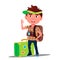 Little Traveler Boy With Suitcase, Cap On His Head And Camera On His Chest Vector. Isolated Illustration