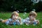 Little Twin Brothers Blowing Soap Bubbles on Green Grass in Summer Park